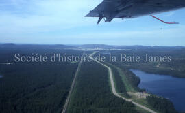 Road and town of Chibougamau from air to north.