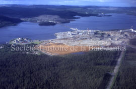 Campbell Chibougamau Mines, point, red tailings and Cedar Bay.