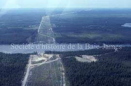 Power line at Chibougamau River from air.
