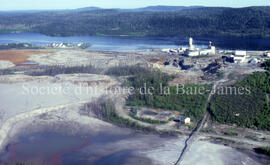 Air view Campbell Chibougamau Mines, tailings and open pit.