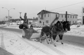 La mascotte et un homme en calèche (chaussure) tiré par des chevaux sur le boulevard Springer aux...