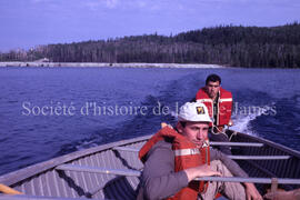 Paul André and Norm Kalm on boat on Chibougamau Lake.